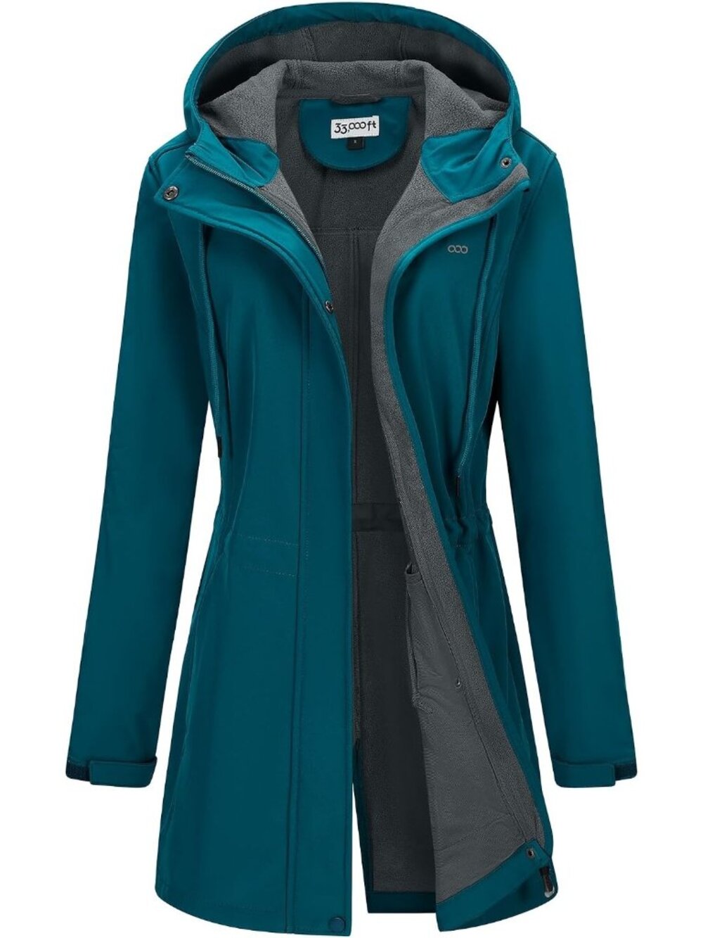 Womens Teal Blue Fleece Lined Waterproof Zip Up Softshell Long Trench Parka Coat